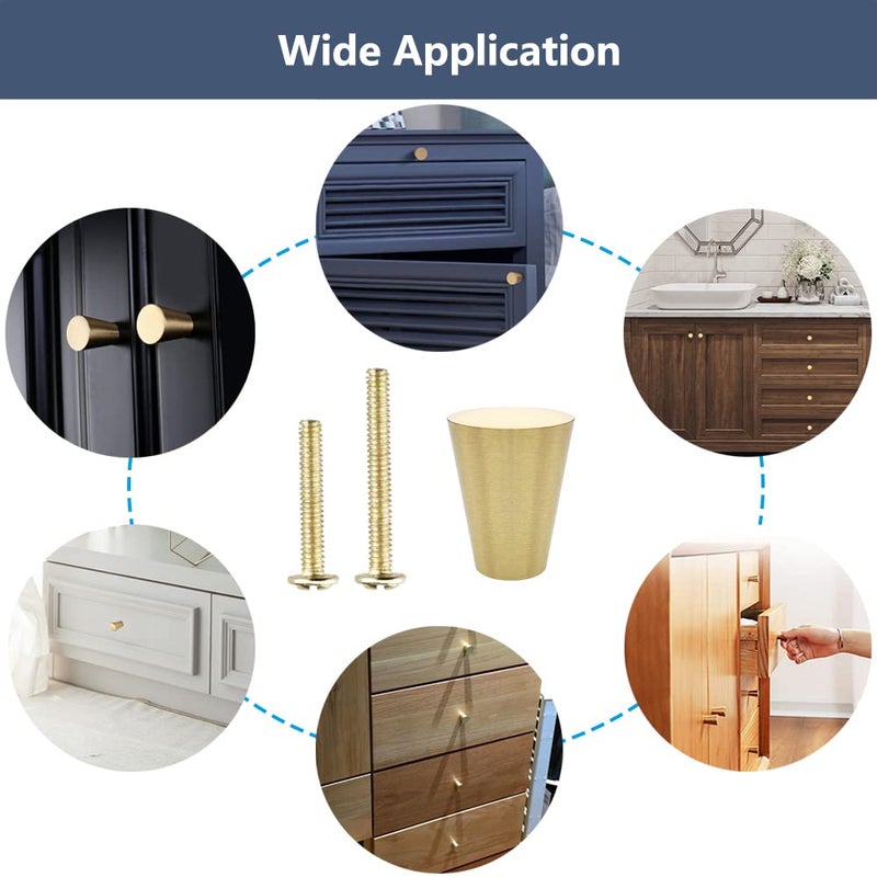 YEWLACA 6Pcs Brass Cabinet Knobs Solid Pure Copper Cone Knob Pull Handles for Kitchen Cabinet Drawer Dresser, Brushed Gold Brass Knobs with Screws - Image 5